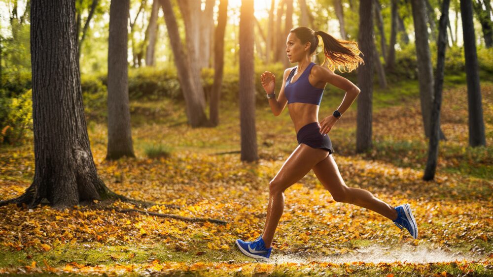 Woman running in wood in shinny weather