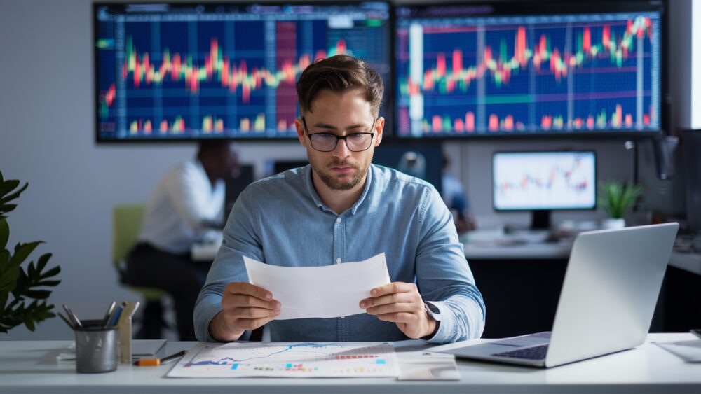 trader reading and analysing charts in his workplace