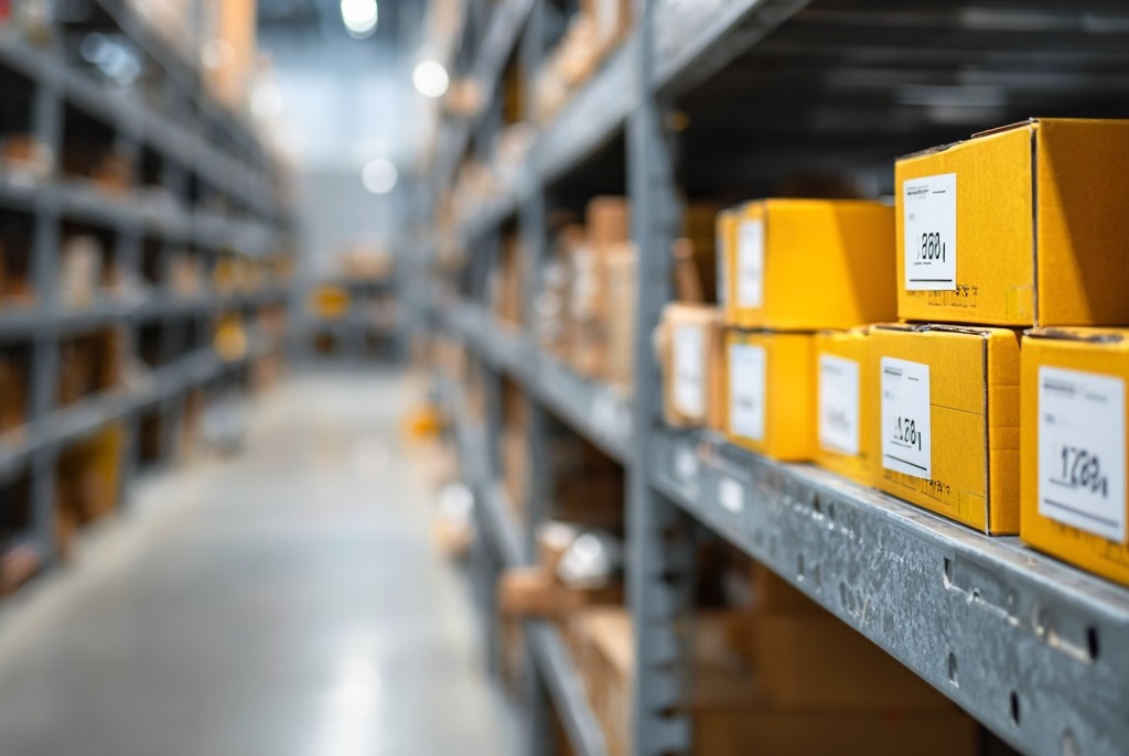 Warehouse shelves filled with yellow-labeled packages ready for storage and shipping