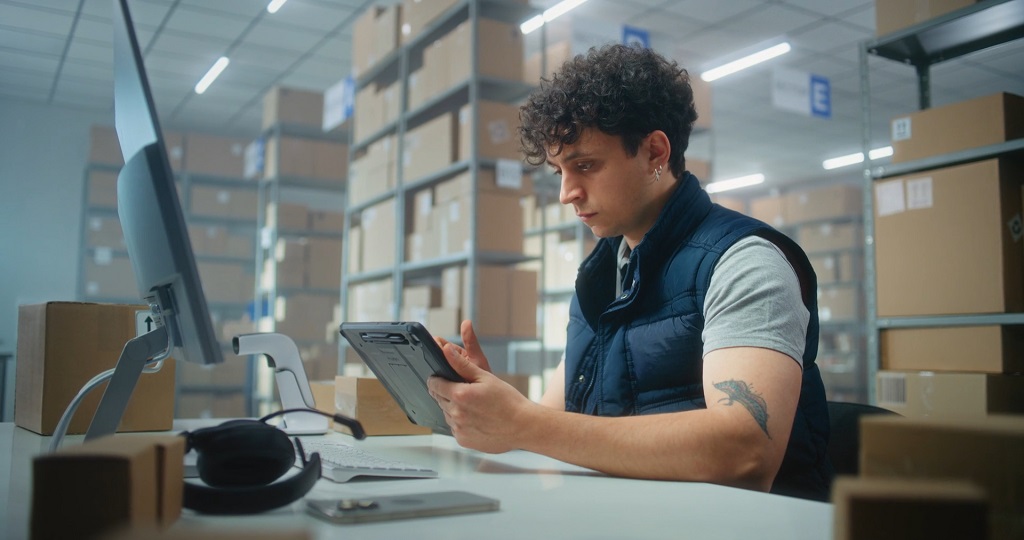 Young entrepreneur in a warehouse using a tablet to track inventory, surrounded by boxes and packages