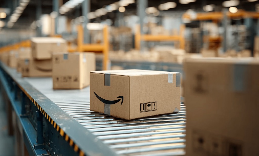Amazon packages moving along a conveyor belt inside a fulfillment center