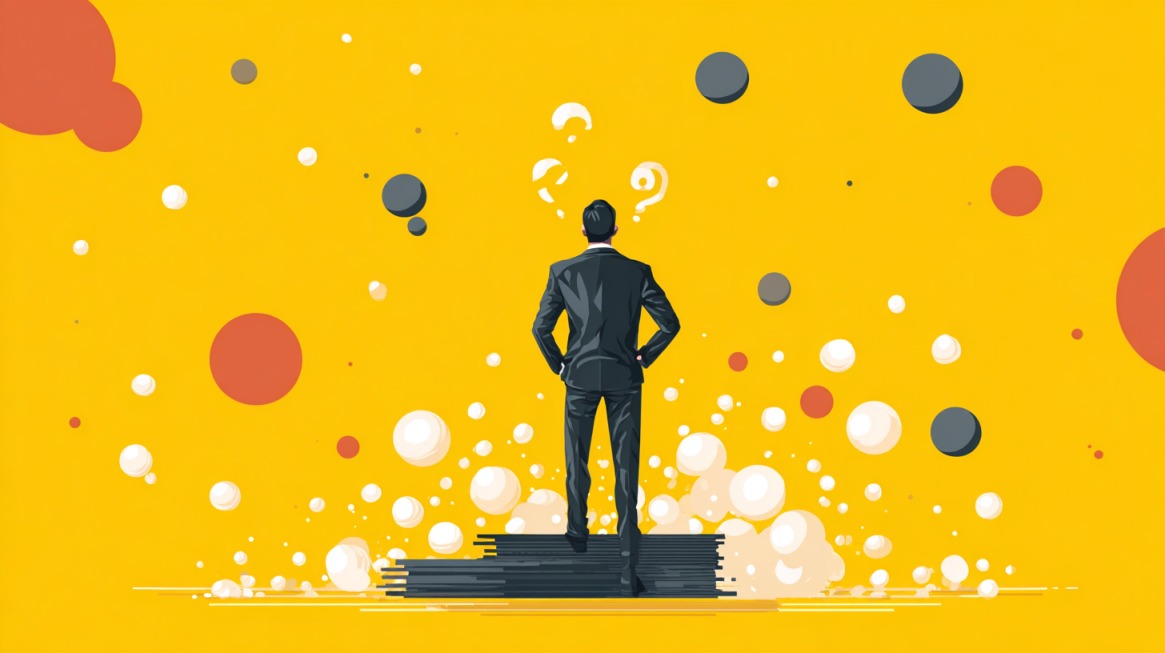 Businessperson standing on stacked papers with question marks overhead