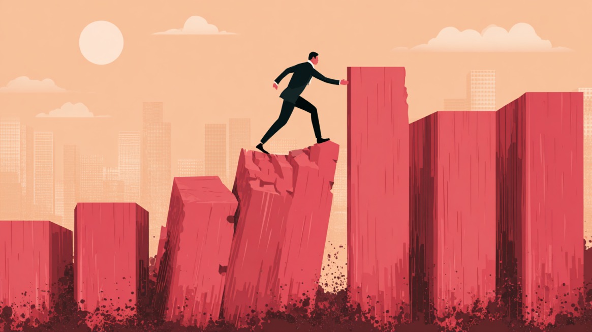 Businessperson stepping across rising red risk pillars