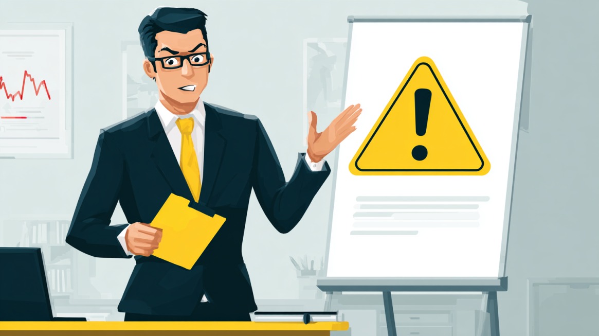 Business professional presenting a warning symbol on a flip chart