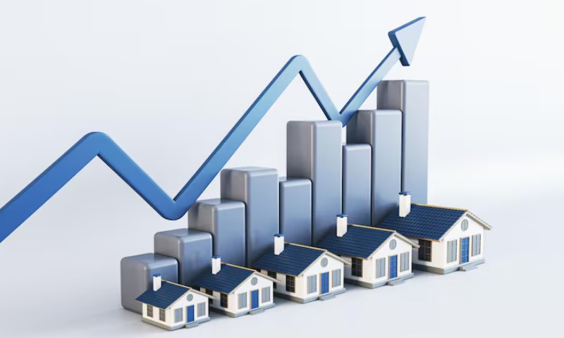 schematic of houses with an arrow and columns indicating growth