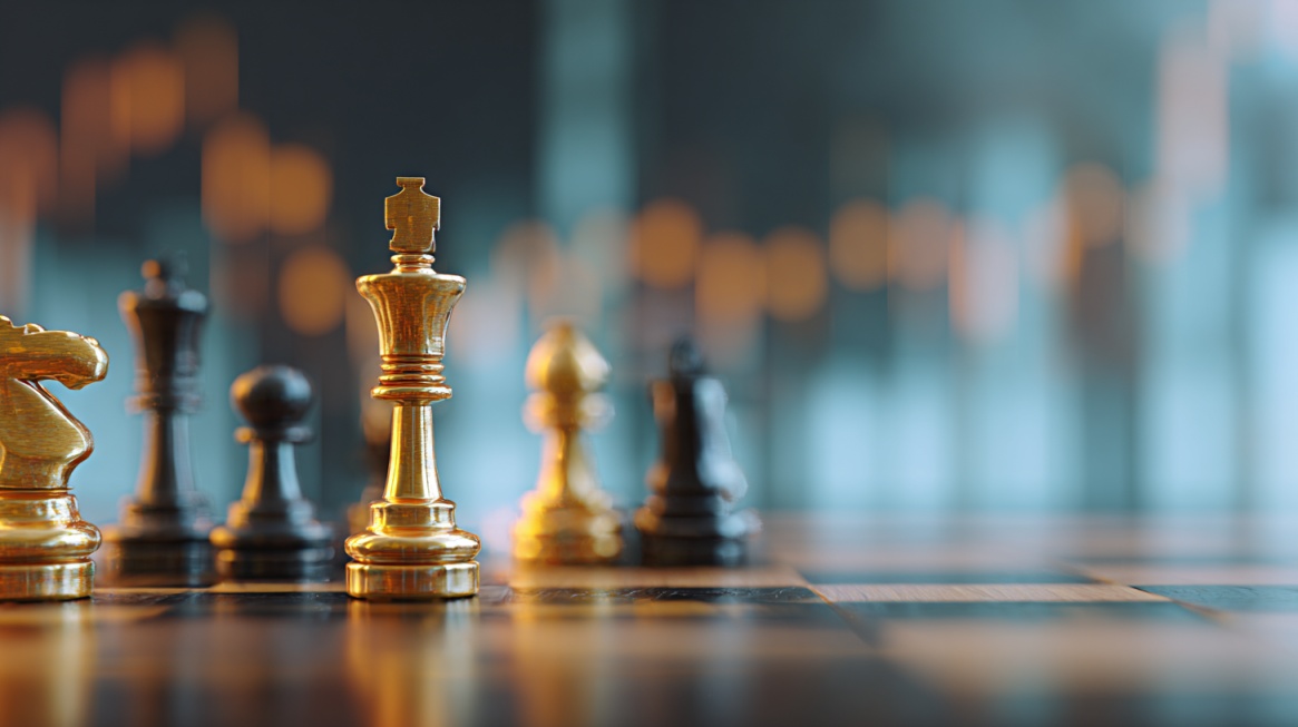 A chessboard with a prominent king piece in focus, symbolizing strategy and decision-making, with blurred financial charts in the background