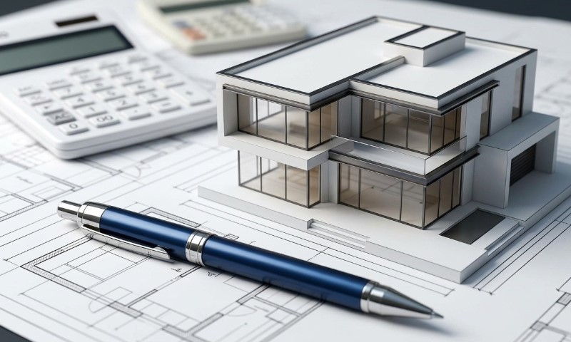 A modern house model sits on architectural blueprints, with a blue pen and calculator nearby