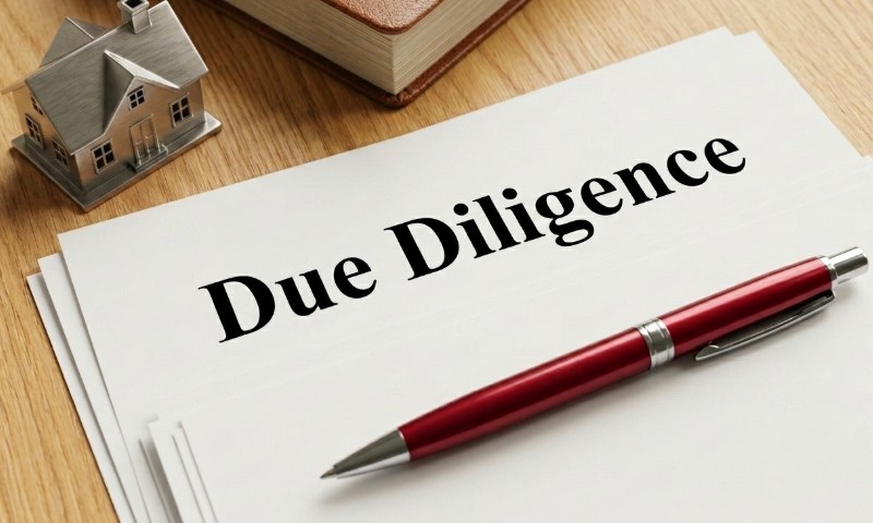 A stack of papers titled "Due Diligence" is placed on a table with a small house model and a red pen